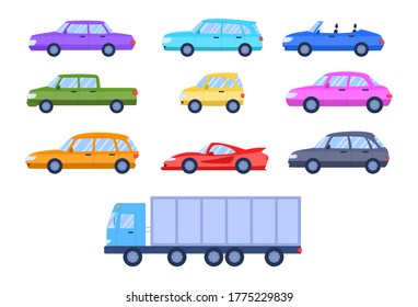 Cartoon Color Different Cars Side View Icons Set Flat Design Style Include of Truck and Sport Automobile. Vector illustration of Icon