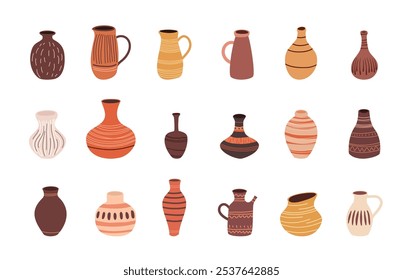 Cor dos desenhos animados diferentes vasos de cerâmica ícones definir conceito estilo de design plano. Ilustração vetorial de vaso decorativo de cerâmica