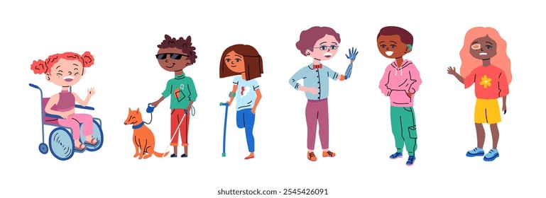 Desenho Animado Cor Diferentes Personagens Pessoas Deficiência Crianças Definir Crianças Deficientes Conceito Estilo De Design Plano. Ilustração vetorial