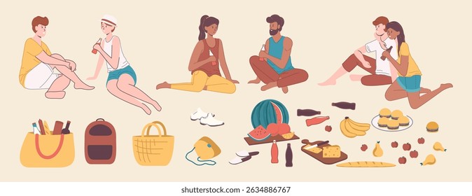 Cartoon Color Different Characters People Friends Set for Seashore Recreation Concept. Vector illustration