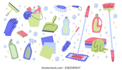 Cartoon Color Different Cleaning Supplies Set Housework Concept Flat Design Style. Vector illustration of Brush, Cloth, Wiper, Scoop, Washing Sponge and Detergent Bottle