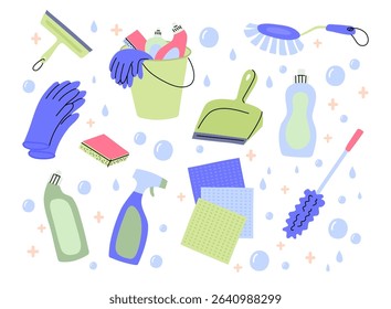 Cartoon Color Different Cleaning Supplies Floating Set Housework Concept Flat Design Style. Vector illustration of Brush, Cloth, Wiper, Scoop, Washing Sponge and Detergent Bottle