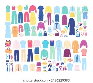 Cartoon Color Different Clothes and Accessories Icons Set Fashion Women and Men Seasonal Outfits Concept Flat Design Style. Vector illustration