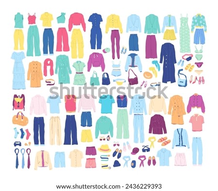 Cartoon Color Different Clothes and Accessories Icons Set Fashion Women and Men Seasonal Outfits Concept Flat Design Style. Vector illustration