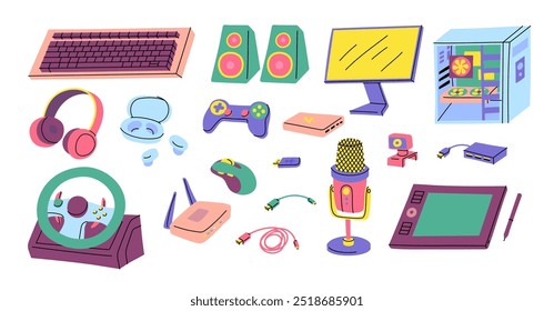 Cartoon Color Different Computer Accessories Set Concept Flat Design Style Include of Mouse, Keyboard, Microphone and Monitor. Vector illustration