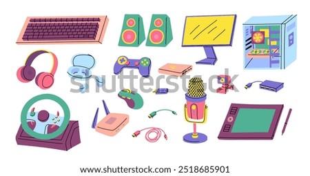 Cartoon Color Different Computer Accessories Set Concept Flat Design Style Include of Mouse, Keyboard, Microphone and Monitor. Vector illustration