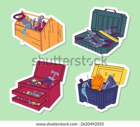 Cartoon Color Different Construction Toolkit Boxes Stickers Set Repair Master Implement Tool Box Concept Flat Design Style. Vector illustration of Toolbox Sticker