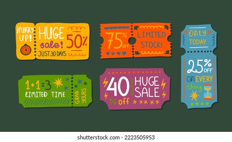 Cartoon Color Different Coupons Set Special Offer Concept Flat Design Style. Vector illustration of Discount Coupon