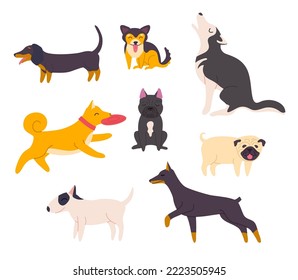 Cartoon Color Different Cute Dogs Set Flat Design Style Include of Dachshund, Bulldog and Husky. Vector illustration