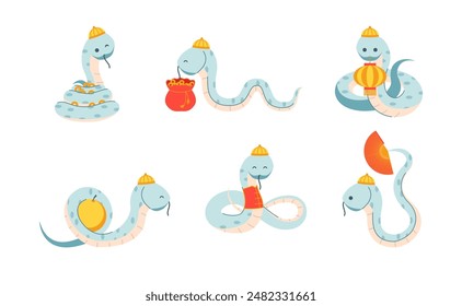 Cartoon Color Different Cute Funny Snakes Set Symbol of Chinese New Year Concept Flat Design Style. Vector illustration