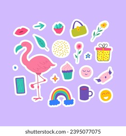 Cartoon Color Different Diary Stickers Journal Planner Set Concept Flat Design Style Include of Rainbow, Mobile Phone, Flamingo and Cup. Vector illustration of Sticker