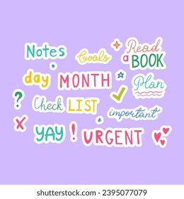 Cartoon Color Different Diary Stickers Journal Planner Set Concept Flat Design Style Include of Check List, Notes and Plan Sticker. Vector illustration