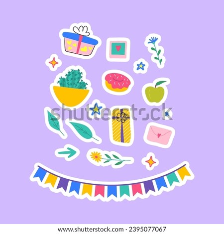 Cartoon Color Different Diary Stickers Journal Planner Set Concept Flat Design Style Include of Donut, Cactus and Apple. Vector illustration of Sticker