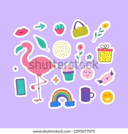 Cartoon Color Different Diary Stickers Journal Planner Set Concept Flat Design Style Include of Rainbow, Mobile Phone, Flamingo and Cup. Vector illustration of Sticker