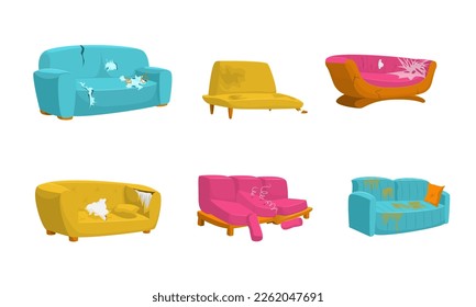 Cartoon Color Different Dirty Broken Sofa Set Concept Flat Design Style. Vector illustration of Couch with Holes