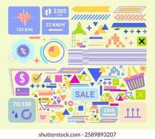 Cartoon Color Different Elements Fashion Tech Set Concept Flat Design Style. Vector illustration of Shopping Basket, Sale and Heartbeat Signs