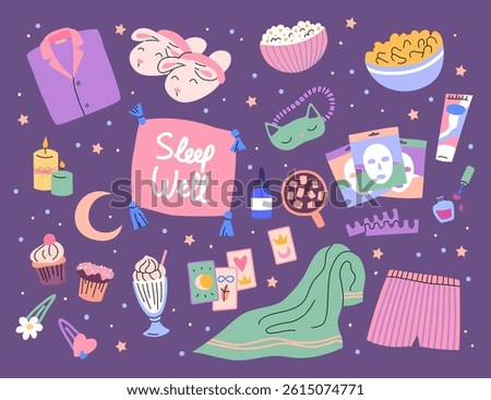 Cartoon Color Different Elements Pajama Party Set Sleep Well Concept Flat Design Style. Vector illustration od Comfort Event
