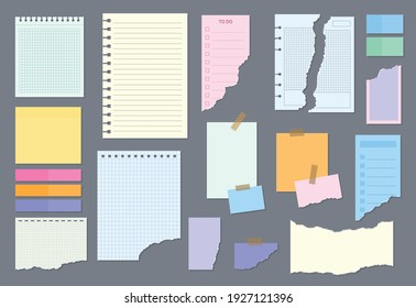 Color de caricatura Diferentes Notas de papel en blanco vacío Establecer estilo de diseño plano de concepto o recordatorio de aviso. Ilustración del vector