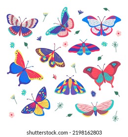 Cartoon Color Different Exotic Butterflies Icons Set Tropical Beautiful Insect Concept Flat Design Style. Vector illustration of Butterfly