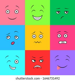 Cartoon Color Different Faces with Emotions Set Include of Angry, Sad, Happy and Laugh. Vector illustration