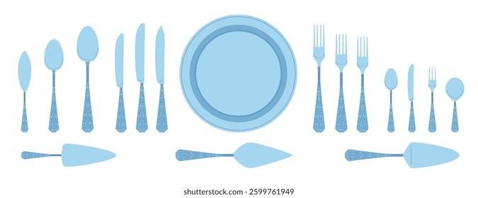 Cartoon Color Different Fancy Silver Cutlery Set with Table Knife, Spoon and Plate Concept Flat Design Style. Vector illustration