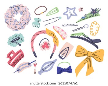 Cartoon Color Different Feminine Hair Accessory Clips Set Fashion Accessories Concept Flat Design Style. Vector illustration