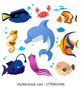 Cartoon Color Different Fish Icons Set Flat Design Style Include of Crab, Octopus, Seahorse and Dolphin. Vector illustration of Icon