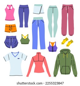 Cartoon Color Different Fitness Clothes Set for Sport Training, Workout and Running Flat Design Style. Vector illustration