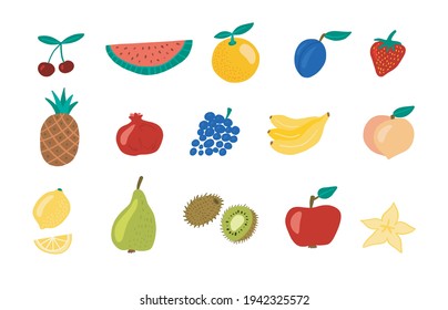Cartoon Color Different Fruits Icon Set Concept Flat Design Style Include of Lemon, Apple, Banana and Watermelon. Vector illustration