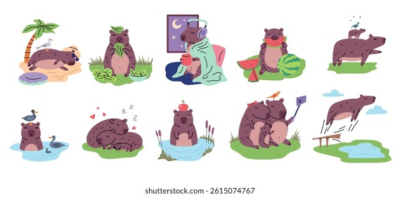 Cartoon Color Different Funny Capybaras Set Happy Exotic Comic Animals Concept Flat Design Style. Vector illustration