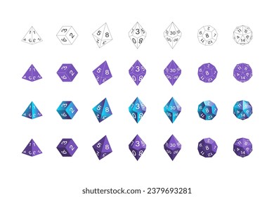 Cartoon Color Different Gambling Game Dice with Random Numbers Icon Set Concept Flat Design Style. Vector illustration of Polyhedron Dices