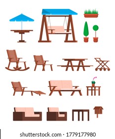 Cartoon Color Different Garden Furniture Icons Set Flat Design Style Include of Wooden Chair, Table and Bench. Vector illustration