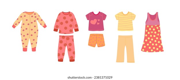 Cartoon Color Different Girl Pajamas Set Sleepwear or Nightwear Concept Flat Design Style. Vector illustration of Pajama