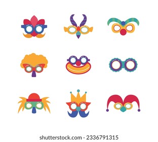 Cartoon Color Different Glasses Carnival Purim Icon Set Tradition Party Celebration Concept Flat Design Style. Vector illustration