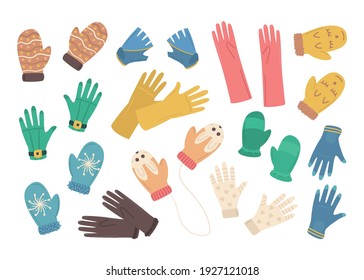 Cartoon Color Different Gloves Icons Set Concept Flat Design Style. Vector illustration of Glove and Mitten Pair Icon