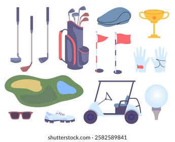 Cartoon Color Different Golf Equipment Set Sport Concept Flat Design Style. Vector illustration of Player Bag, Putter, Ball, Hole, Course, Gloves, Cup and Car