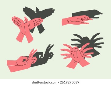 Cartoon Color Different Hand Shadow Puppets Spider, Snail and Bird Set Concept Flat Design Style. Vector illustration of Hands Creating Various Shapes