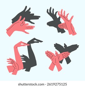 Cartoon Color Different Hand Shadow Puppets Deer, Eagle and Swan Set Concept Flat Design Style. Vector illustration of Hands Creating Various Shapes