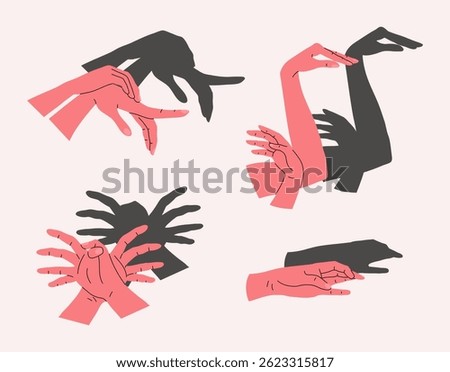 Cartoon Color Different Hand Shadow Puppets Spider, Swan and Beak Set. Vector illustration of Hands Creating Various Shapes
