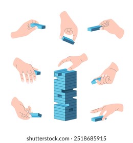 Desenho Animado Cor Diferentes Mãos Gestos Jogando Torre Equilíbrio Definir Estratégia Jogo Conceito Estilo Design Plano. Ilustração vetorial