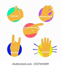 Cartoon Color Different Hands Gestures Job and Great Job Stickers Logo Set Flat Design Style. Vector illustration of Encouragement Sign