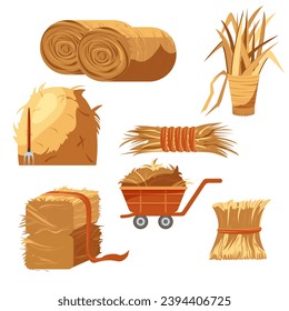 Cartoon Color Different Hay Bales Icon Set Straw in Rolls and Wheelbarrow Concept Flat Design Style. Vector illustration of Haystacks