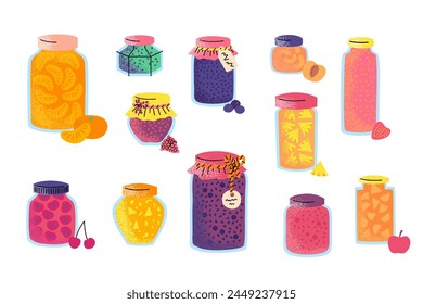 Cartoon Color Different Homemade Jams Set Concept Flat Design Style. Vector illustration of Fruit Jam in Glass Jar