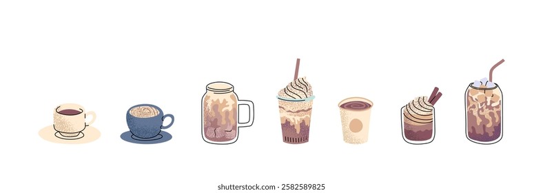 Cartoon Color Different Hot and Cold Coffee Beverage Set with Line Art Elements. Vector illustration of Americano, Cappuccino and Latte