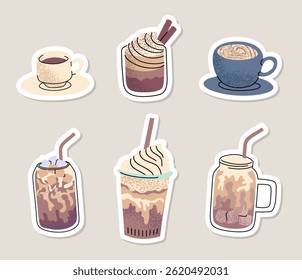 Cartoon Color Different Hot and Cold Coffee Beverage Stickers Set with Line Art Elements. Vector illustration of Americano, Cappuccino and Latte
