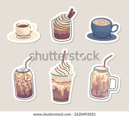 Cartoon Color Different Hot and Cold Coffee Beverage Stickers Set with Line Art Elements. Vector illustration of Americano, Cappuccino and Latte