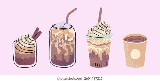 Cartoon Color Different Hot and Iced Coffee Beverage Set with Line Art Elements in Glass and Paper Cup. Vector illustration