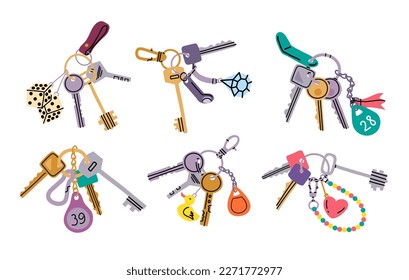 Cartoon Color Different Keys with Keychains Set Home Rental Concept Flat Design Style. Vector illustration of Keyholders