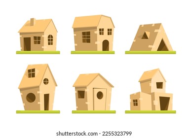 Cartoon Color Different Kid Cardboard Boxes Houses Set Handmade Toy for Game Concept Flat Design Style. Vector illustration