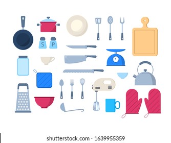 Cartoon Color Different Kitchen Tools Icon Set Include of Knife, Spoon, Fork, Pot, Pan and Bowl. Vector illustration of Icons
